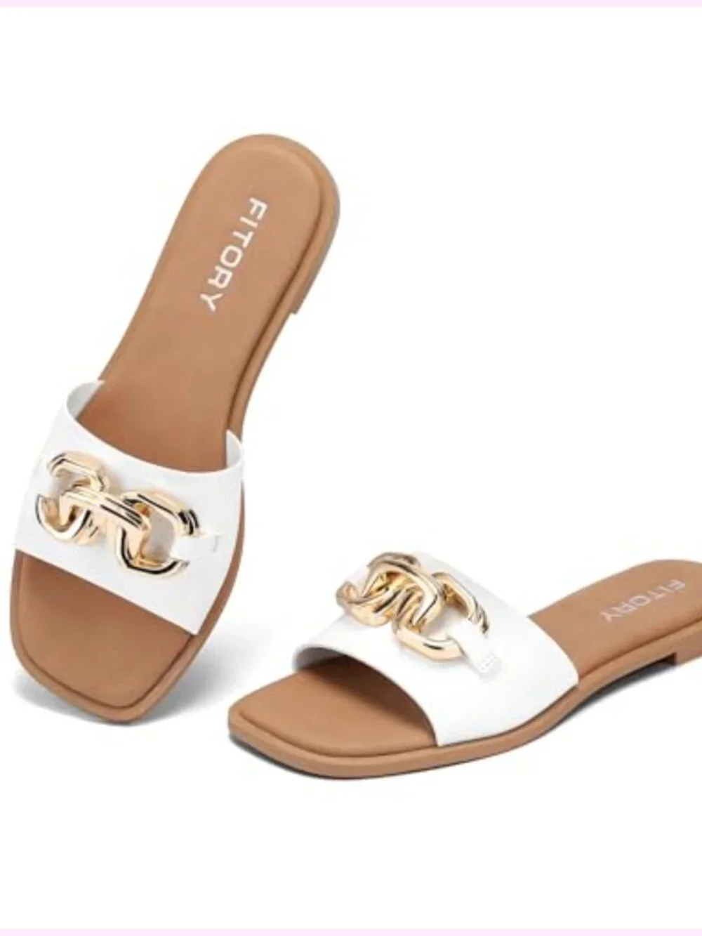 Faux Leather Slide Sandals with Gold Jewelry Decor Open Toe Flat Slippers Summer